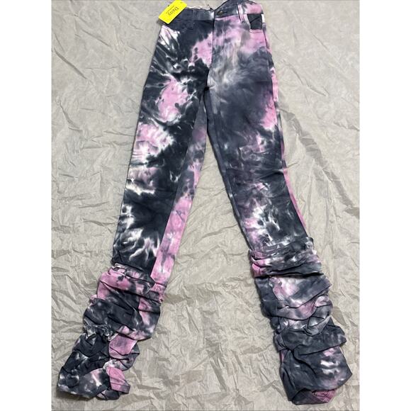 Women’s Daisy Tye Dye Multicolor Stacked Ruched Hem Skinny Denim Jeans Size S/CH - Picture 3 of 7